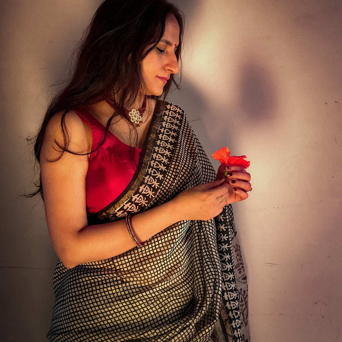 Cuckoo black chanderi block print saree