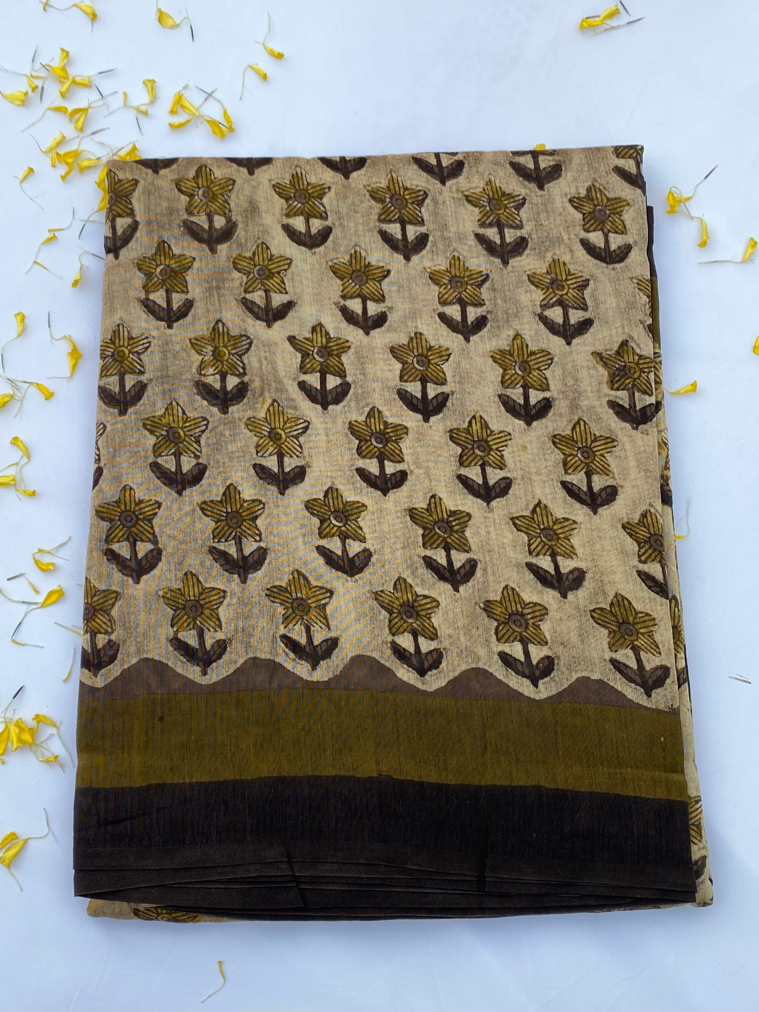 Blockprint Vanaspati golden color Chanderi Saree gray and green store