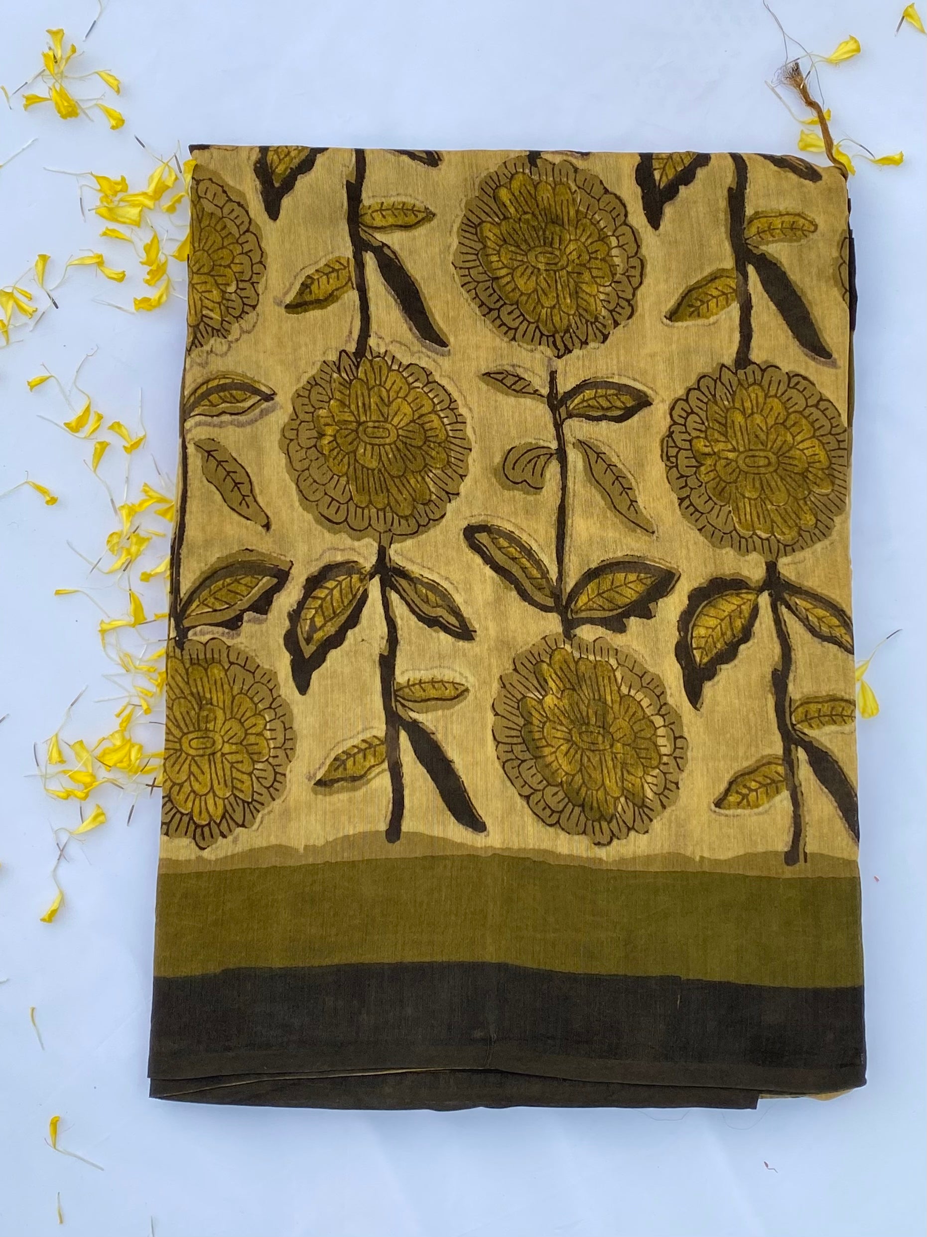 Sunflower Blockprint Vanaspati Chanderi Saree gray and green store