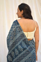 Indigo Cotton Shell Print Saree gray and green store