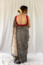 Black Checkered Bagru Print Chanderi Saree / gray and green store