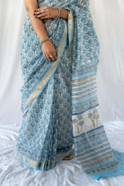Sky Blue Maheshwari Blockprint Embellished Saree / gray and green store