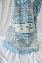 Sky Blue Maheshwari Blockprint Embellished Saree / gray and green store