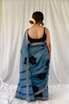 Indigo Brushpaint Maheshwari Embroidered Saree / gray and green store