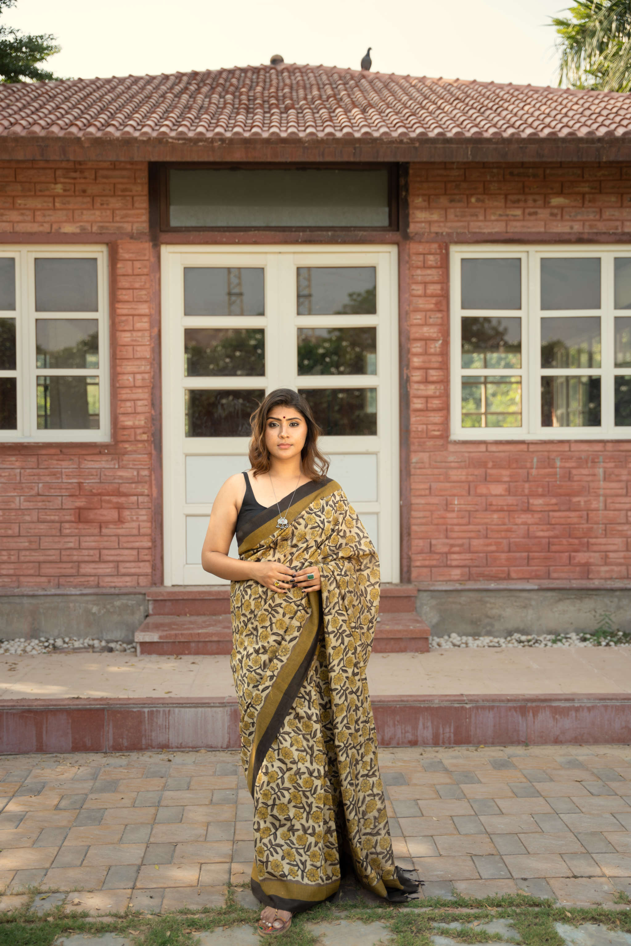 Blockprint Vanaspati golden color Chanderi Saree gray and green store