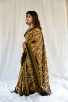 Sunflower Blockprint Vanaspati Chanderi Saree gray and green store