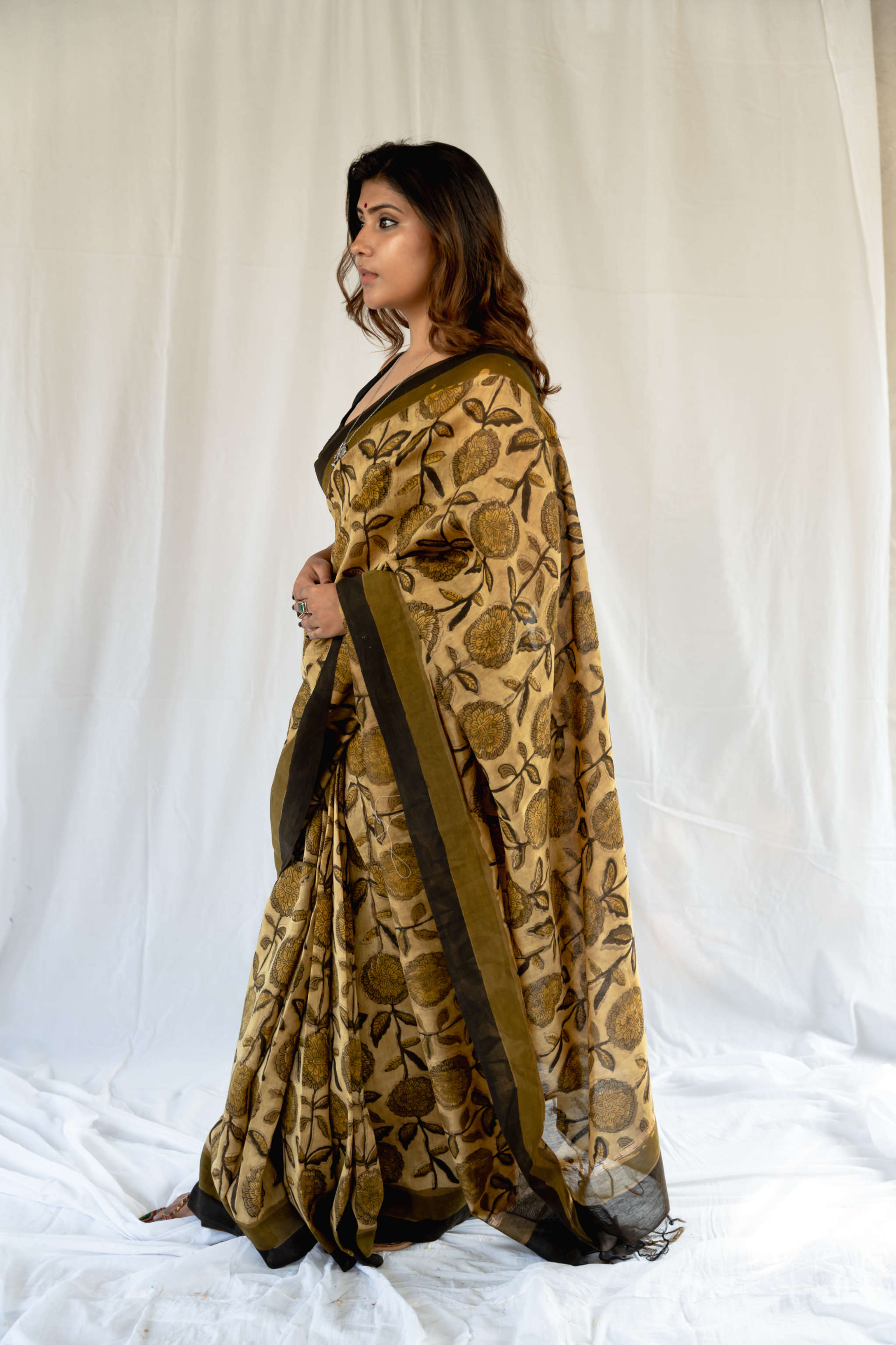 Sunflower Blockprint Vanaspati Chanderi Saree gray and green store