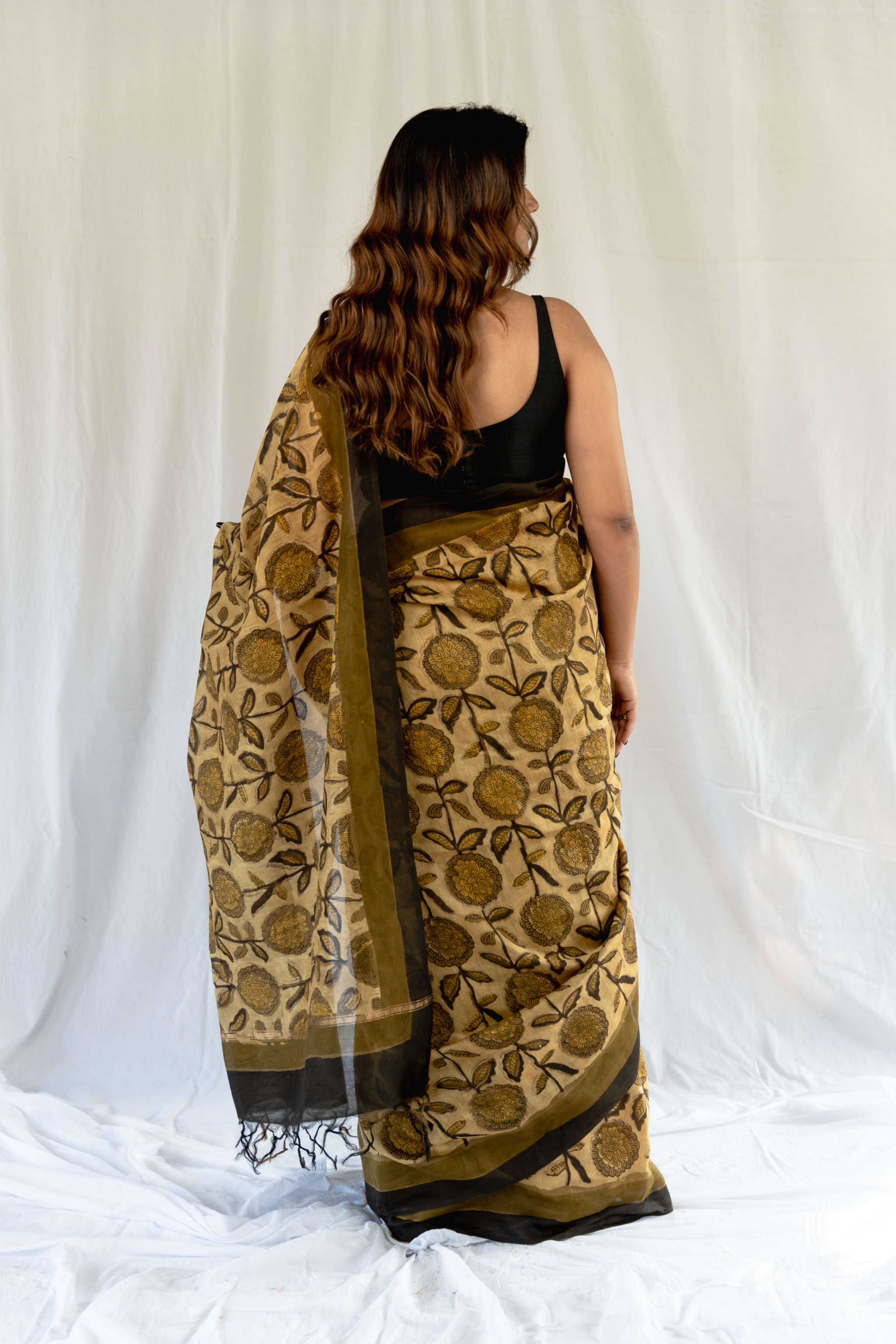 Sunflower Blockprint Vanaspati Chanderi Saree gray and green store