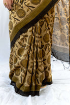 Sunflower Blockprint Vanaspati Chanderi Saree gray and green store