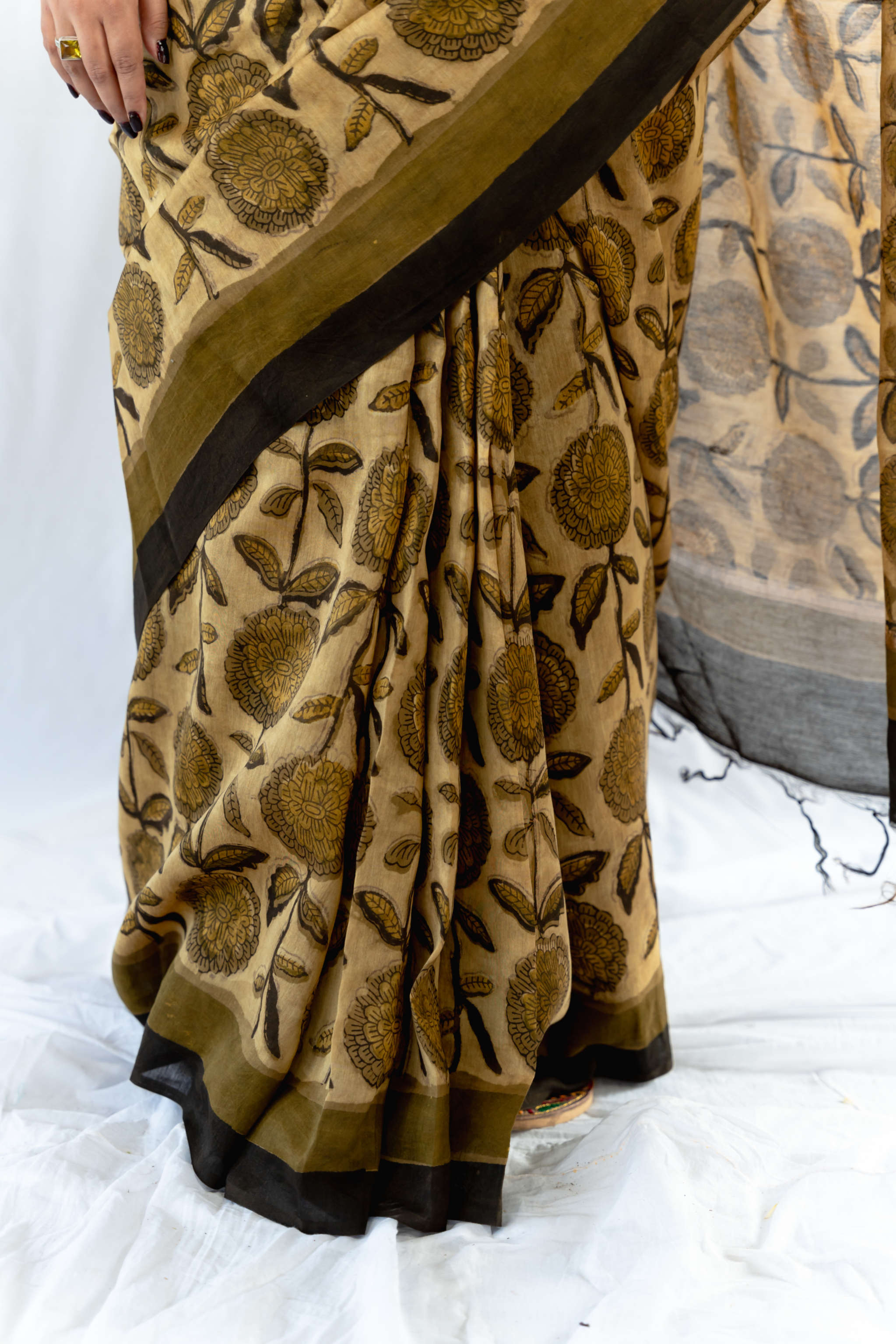 Sunflower Blockprint Vanaspati Chanderi Saree gray and green store