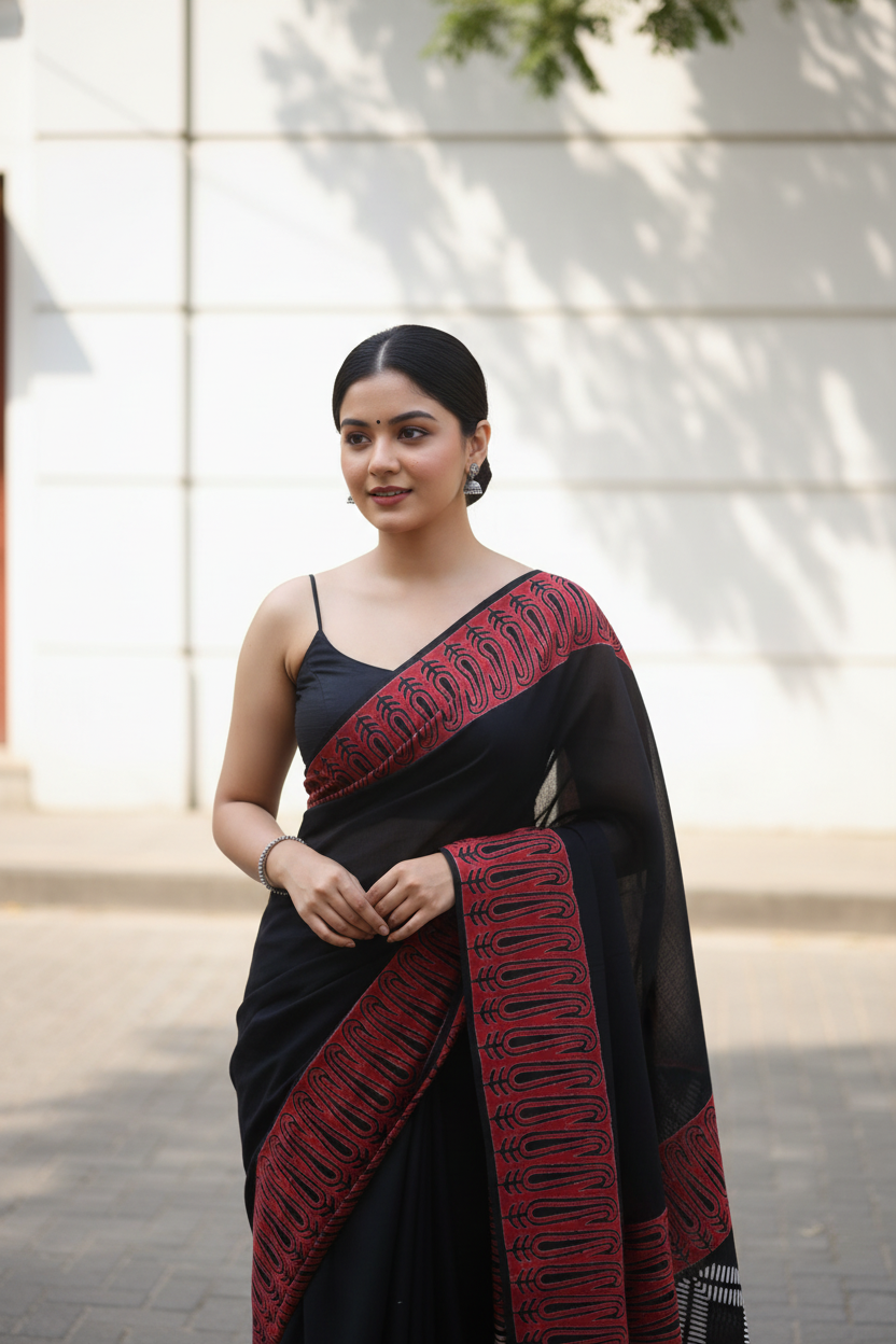 Ambi Motif Black Cotton Saree - Zoomed Torso Strappy