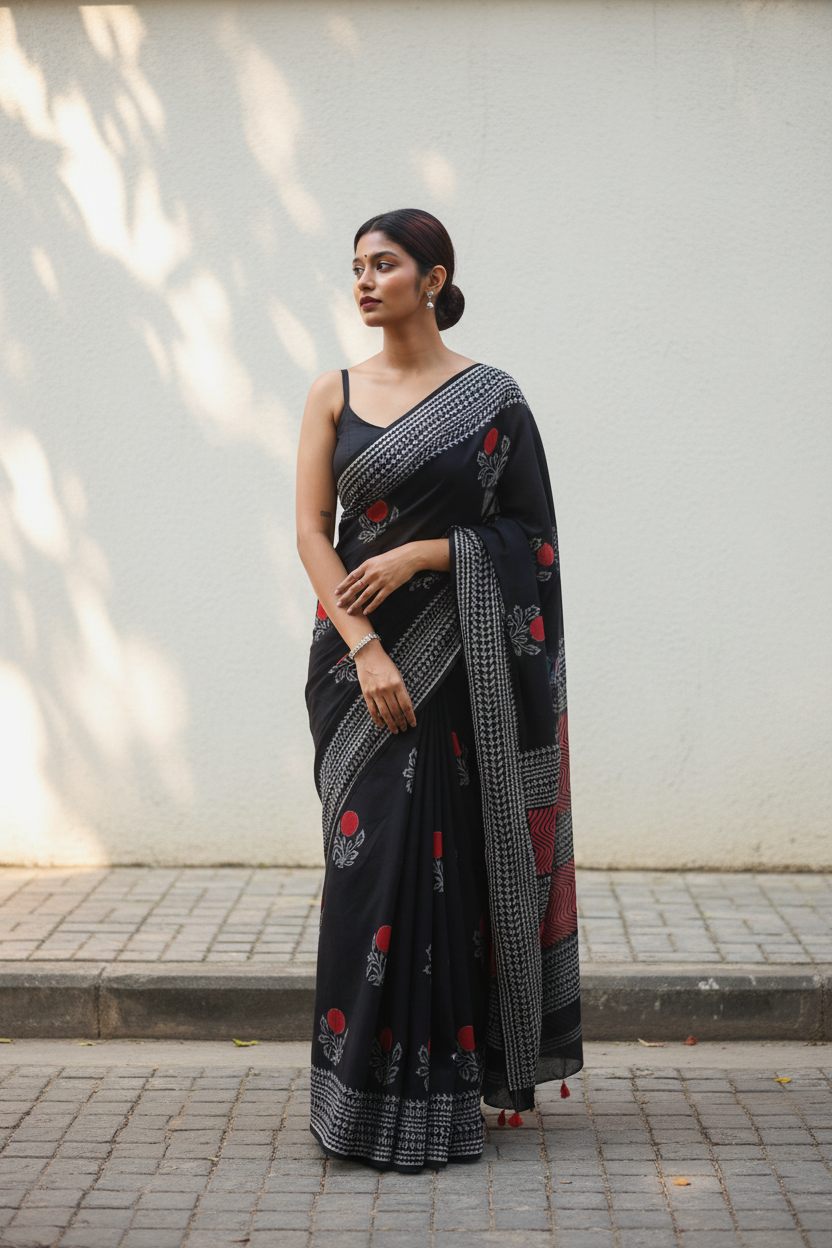 Floral Black Cotton Saree - Full Length Minimal