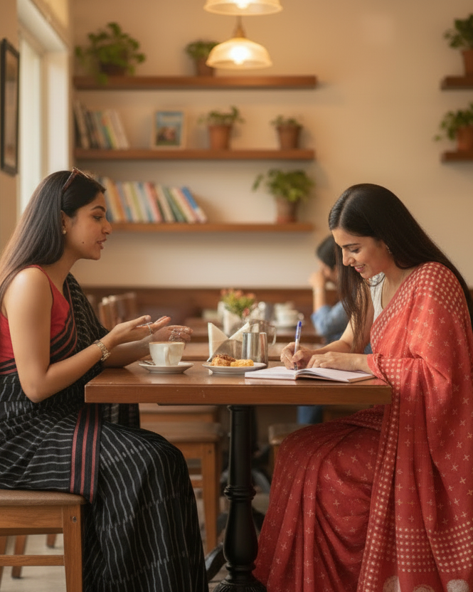 Model taking notes while other explains