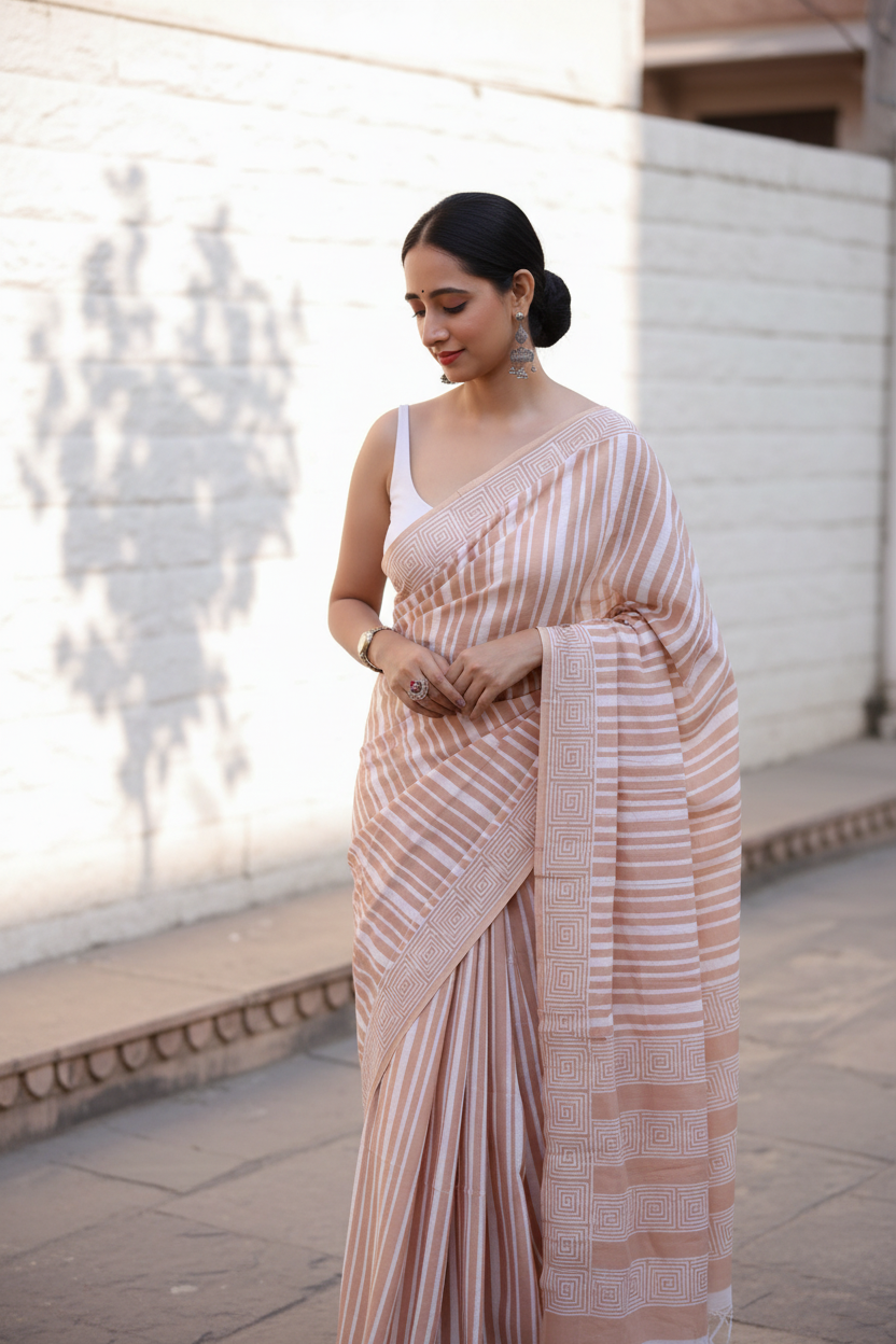 Samira Walnut Offwhite Lining Handblock Saree - Zoomed Torso