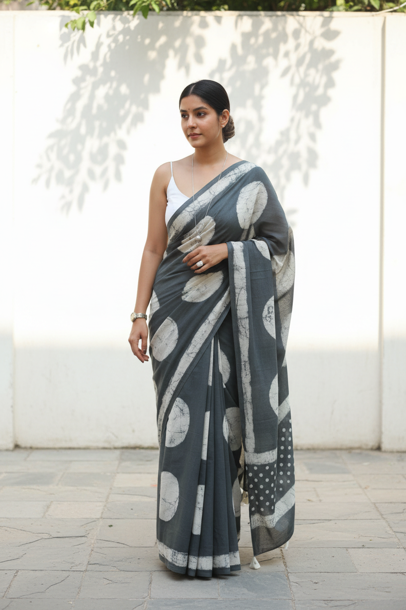 Steel Grey Polka Dabu Print Saree - Full Length