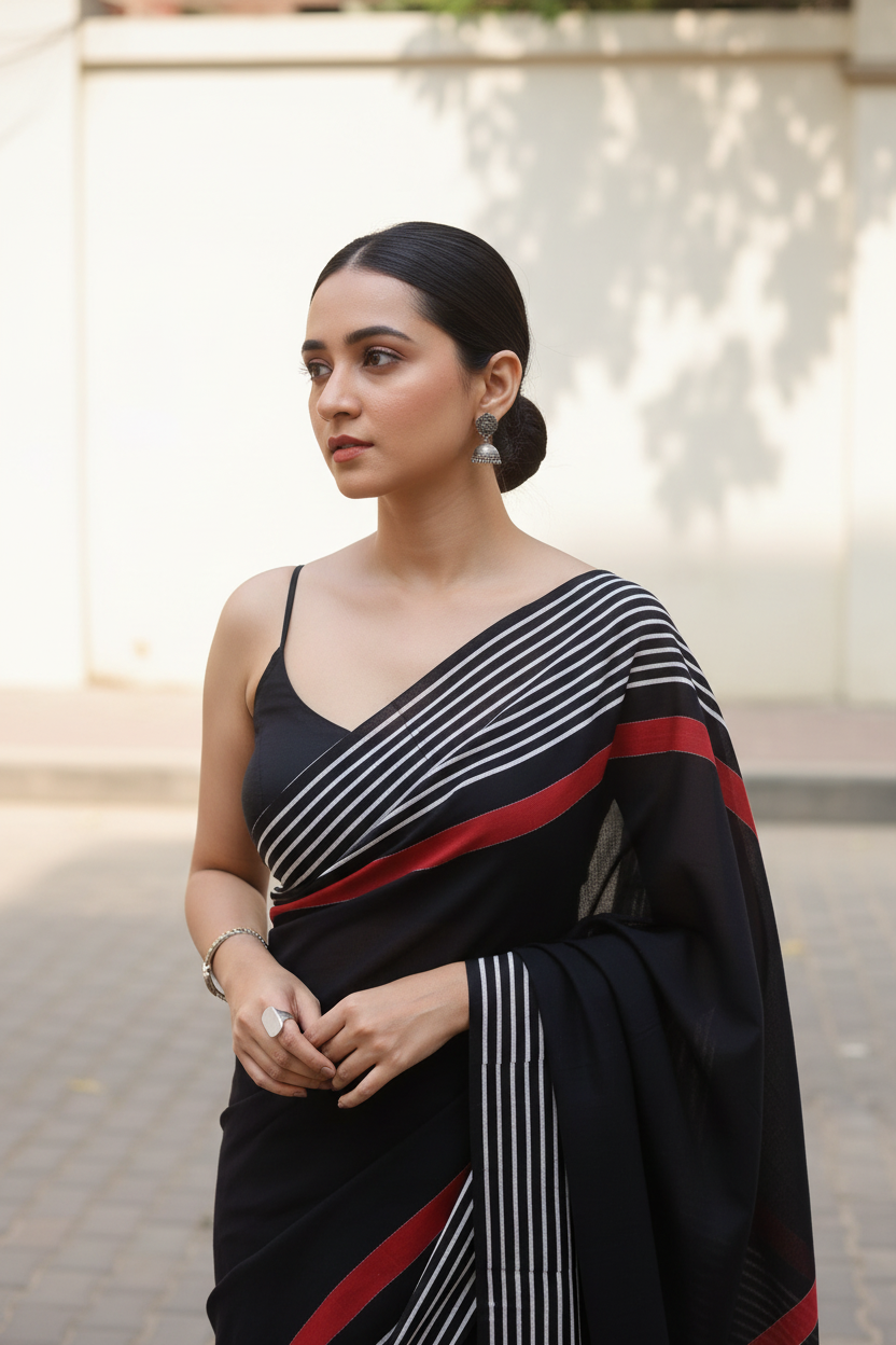 Stripe Black Cotton Saree - Zoomed Torso Black Strappy