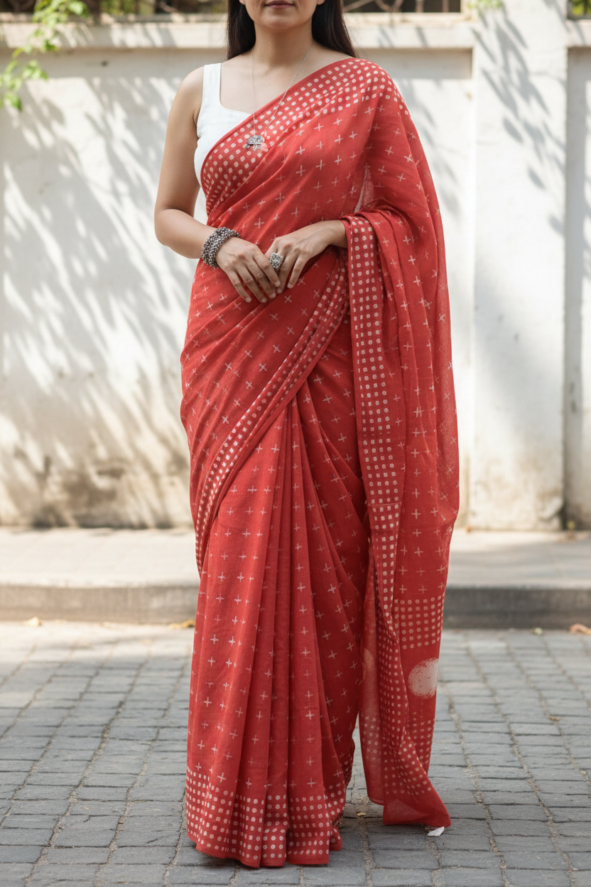 Surkh Brick Red Dabu Print Saree - Torso Only