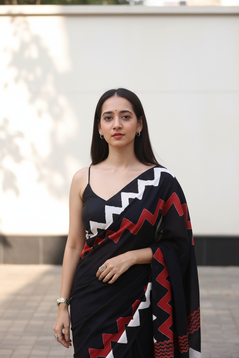 Zigzag Black Cotton Saree - Zoomed Torso Black Strappy