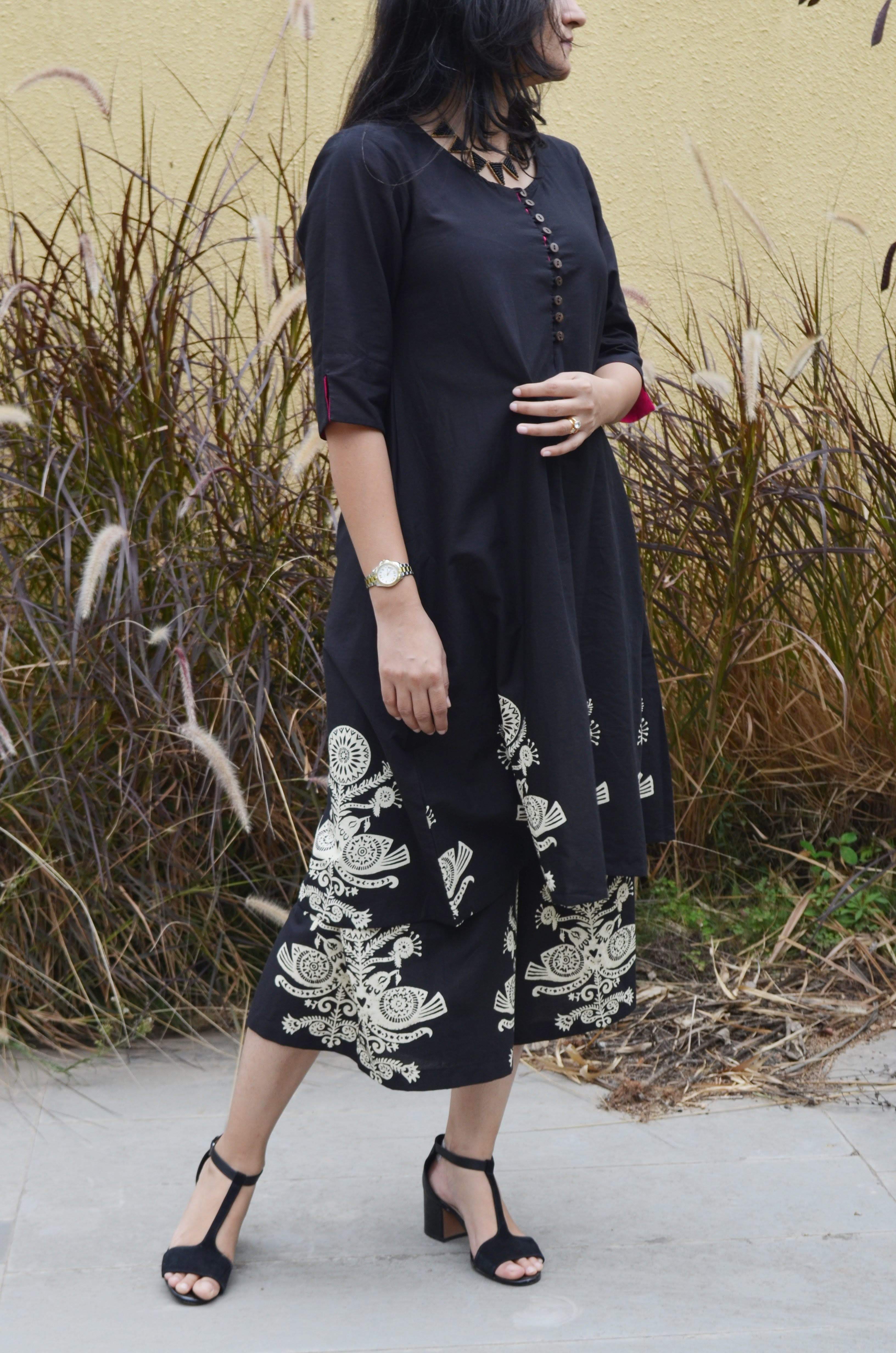 Black Blockprint Kurta-Cullotes Suit Set