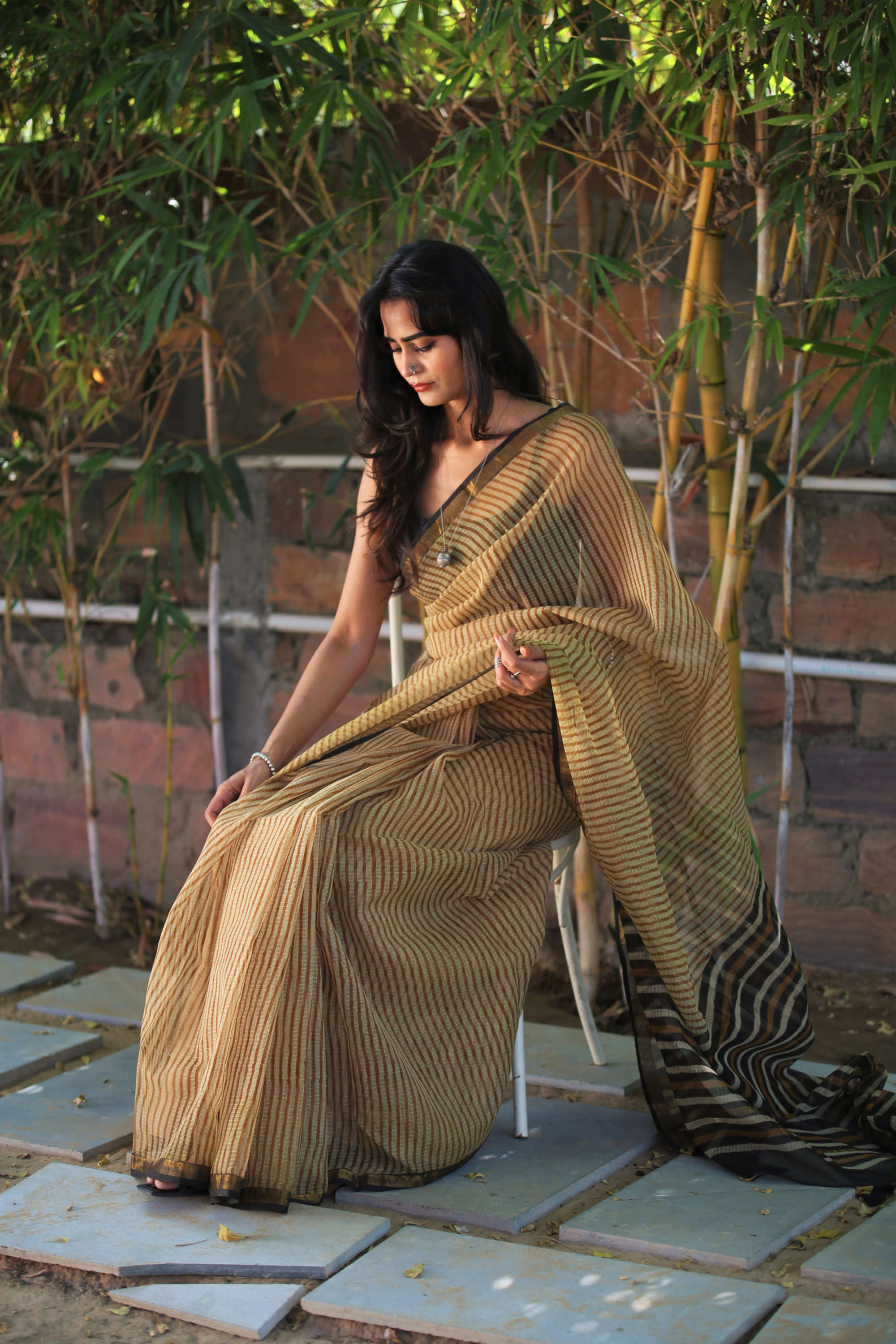 blockprint kota doria saree with tassels