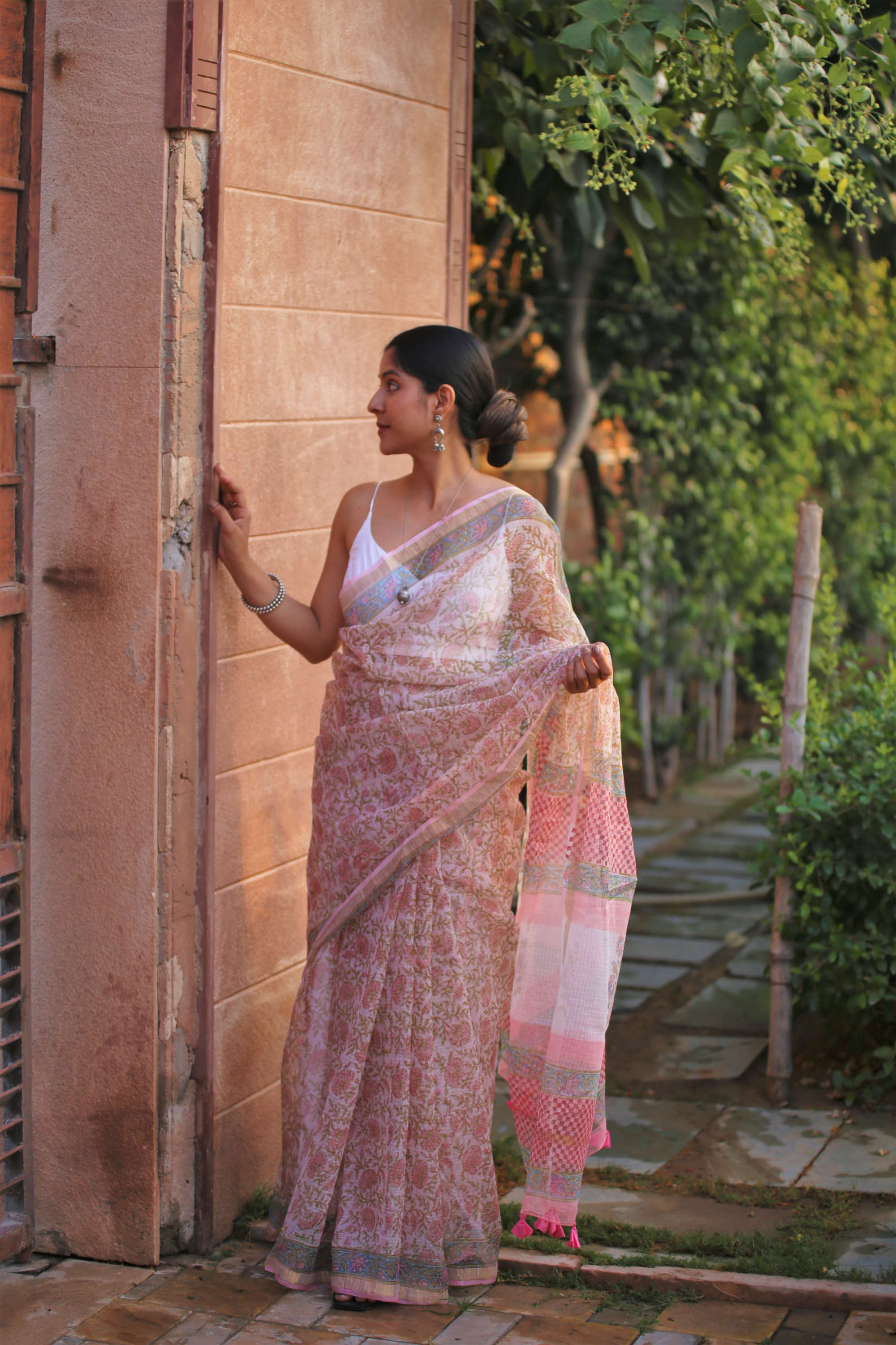 pink blockprint kota doria saree with tassels