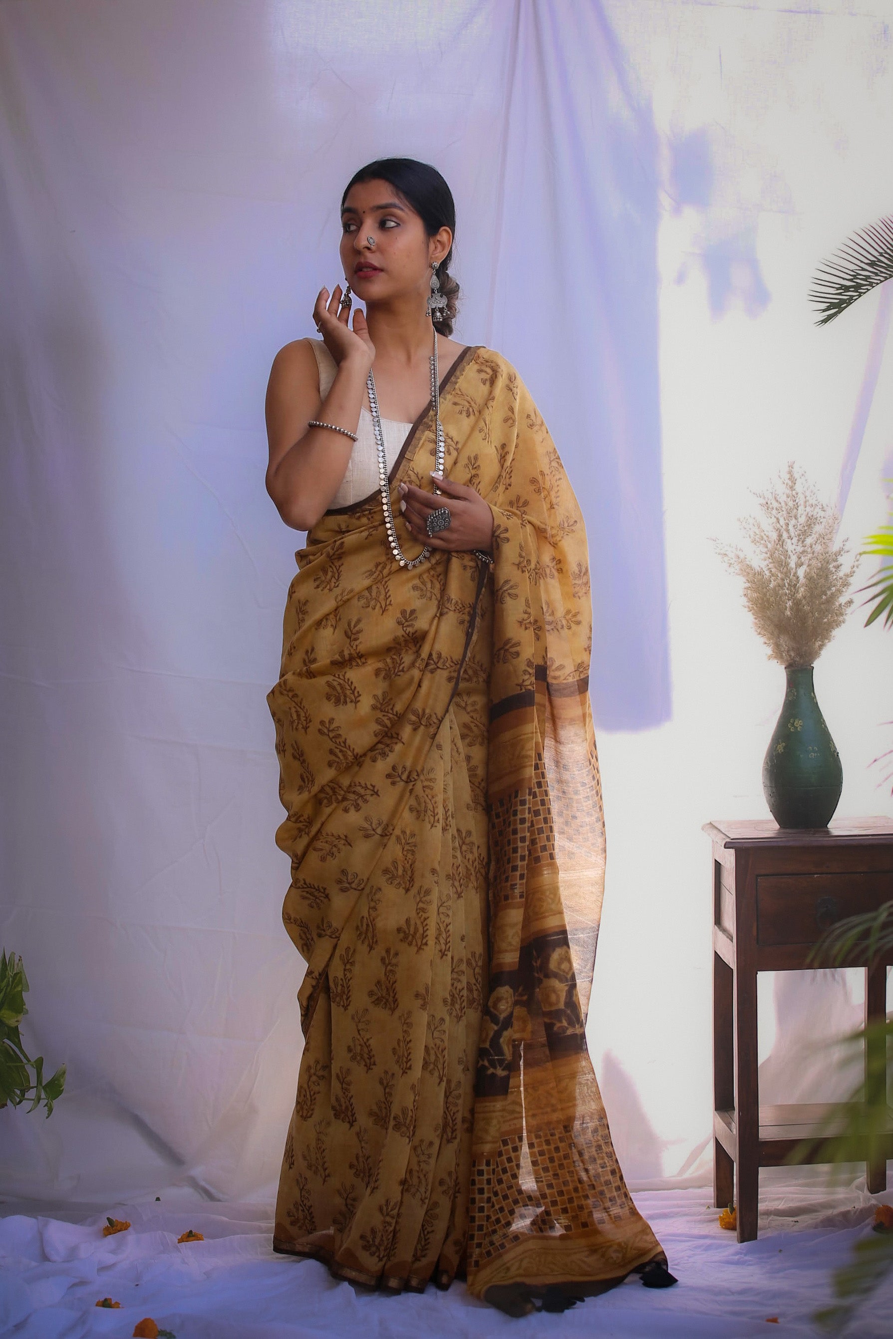 Blockprint Golder Saree, Vanaspati print ajrakh print chanderi saree