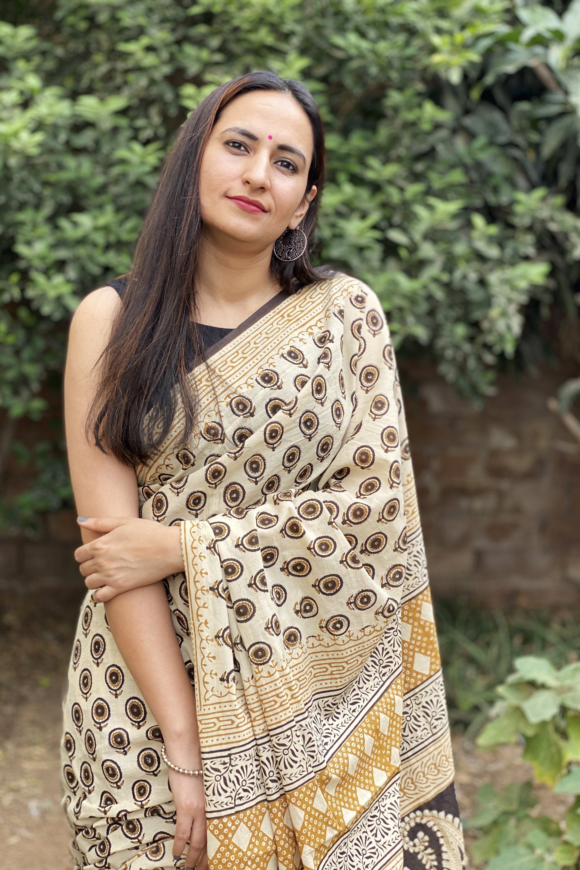 Beige Blockprint Sari