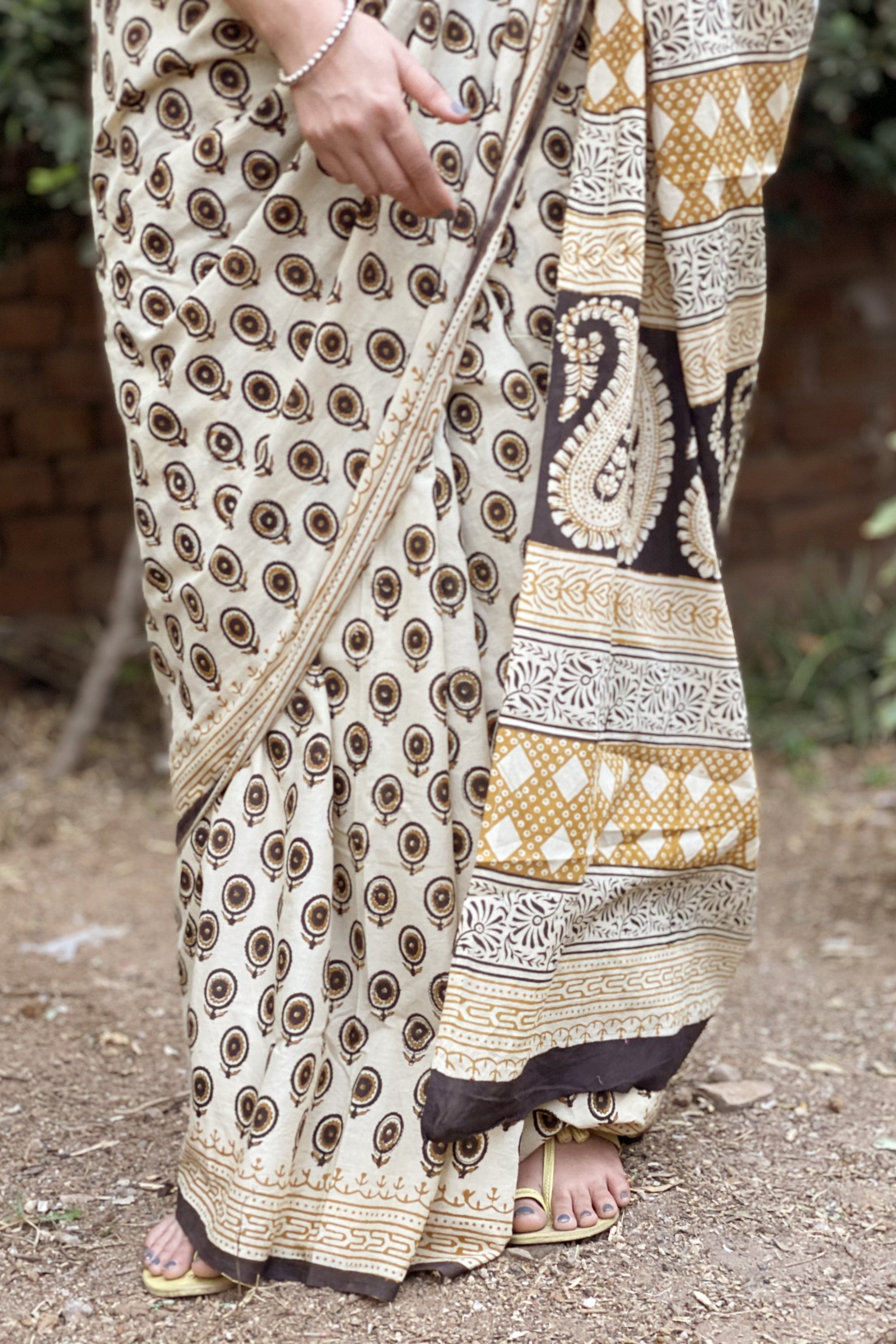 Beige Blockprint Sari