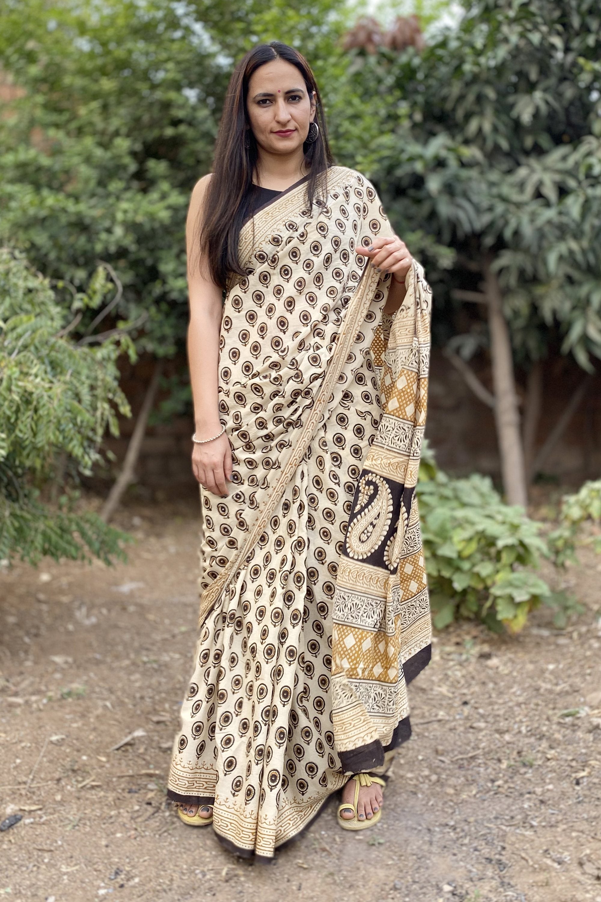 Beige Blockprint Sari