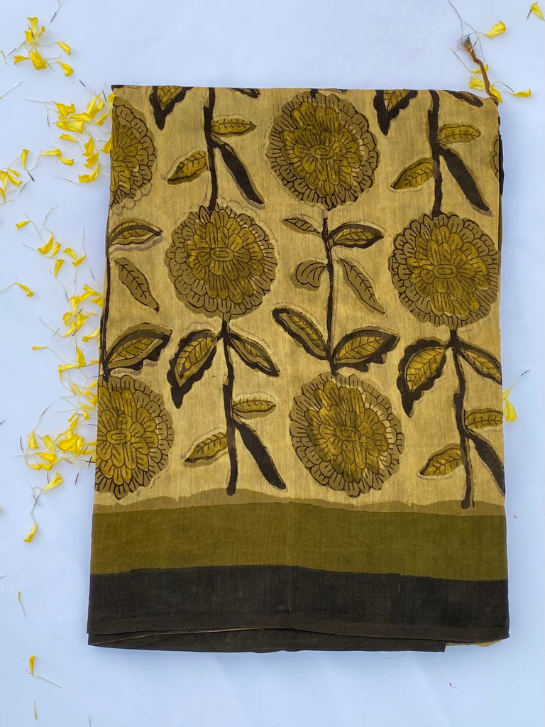 Sunflower Blockprint Vanaspati Chanderi Saree gray and green store 