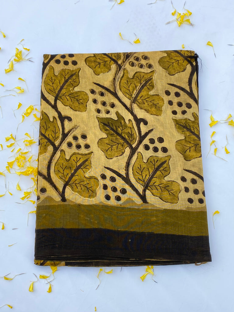 Blockprint Vanaspati golden color Chanderi Saree gray and green store