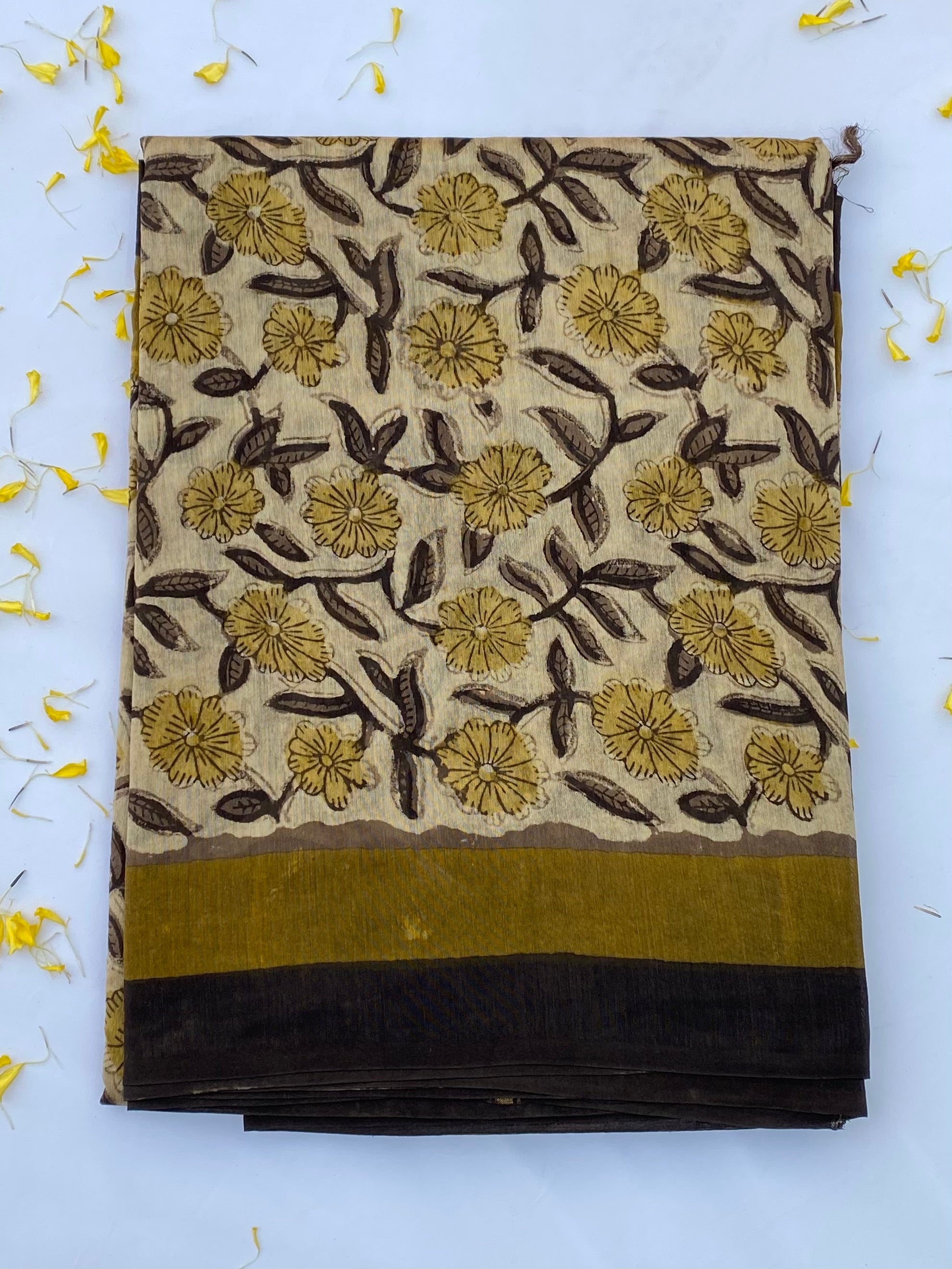 Blockprint Vanaspati golden color Chanderi Saree gray and green store