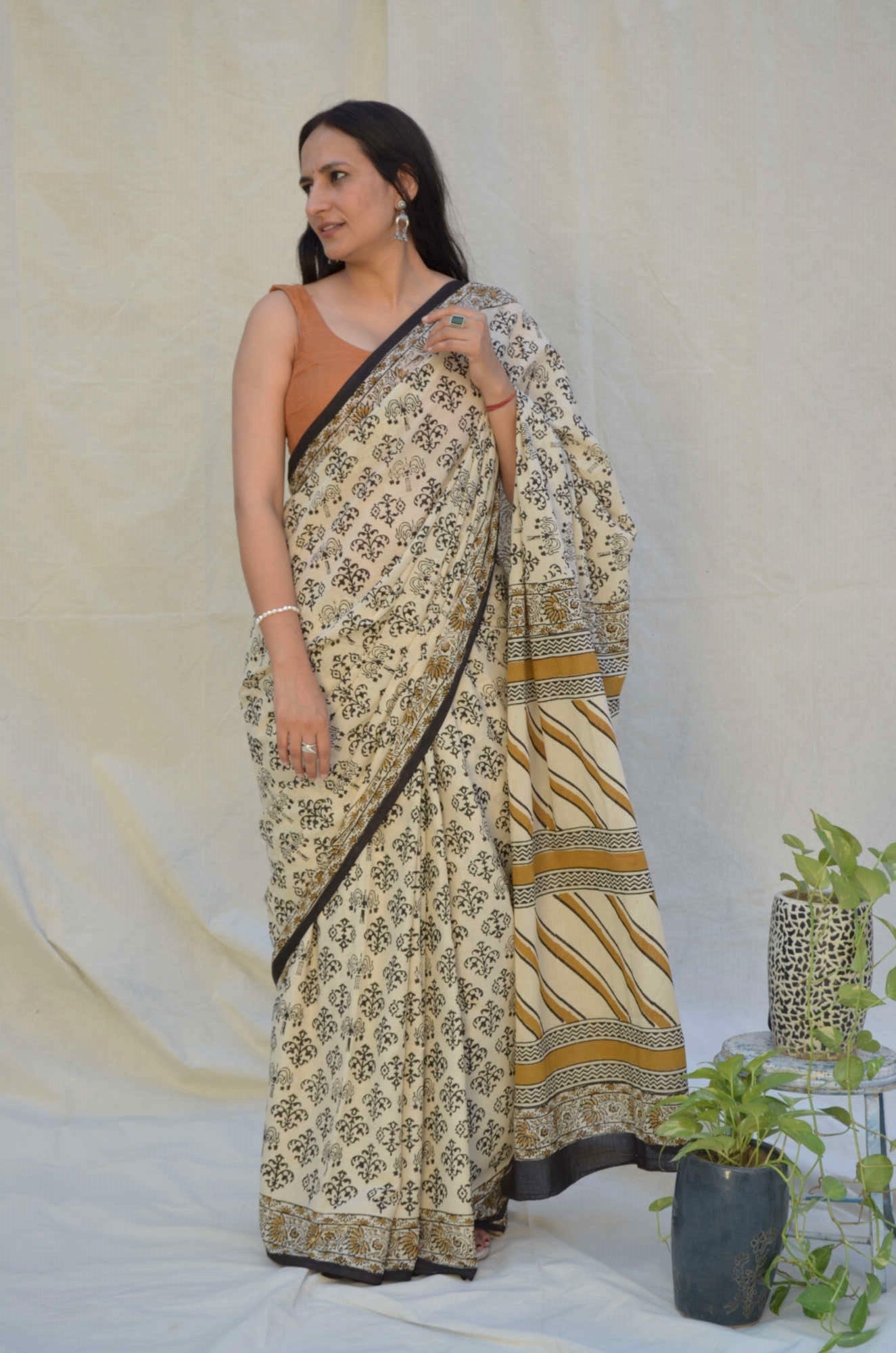 Bagru Print Brown Black Cotton Saree gray and green store