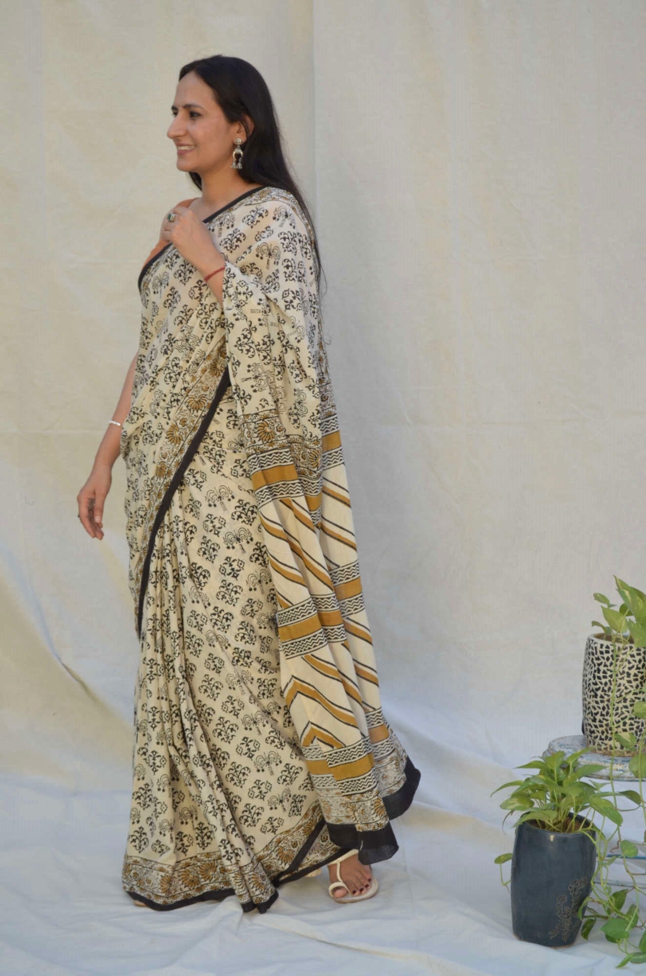 Bagru Print Brown Black Cotton Saree gray and green store