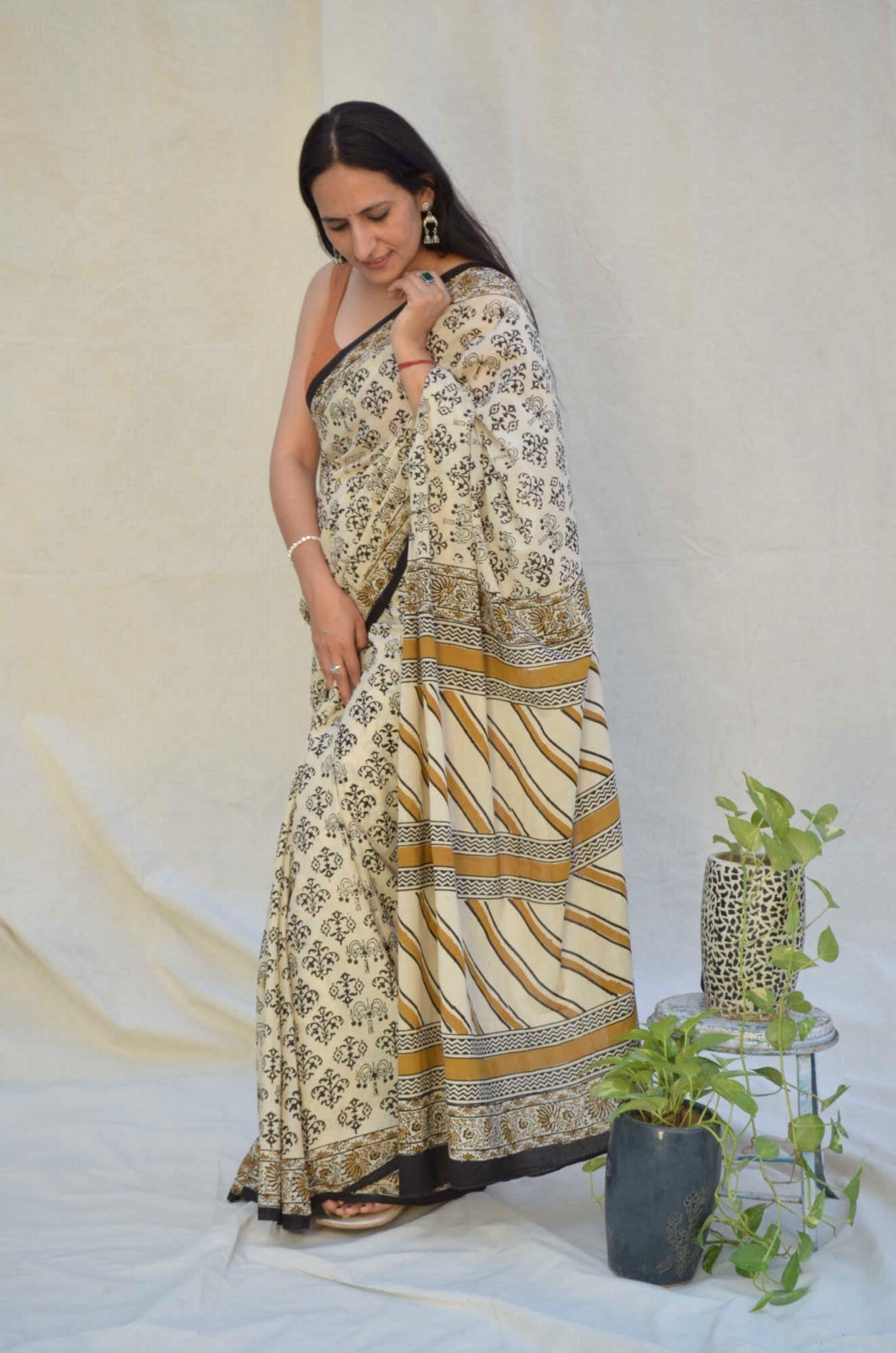 Bagru Print Brown Black Cotton Saree gray and green store