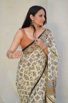 Bagru Print Brown Black Cotton Saree gray and green store