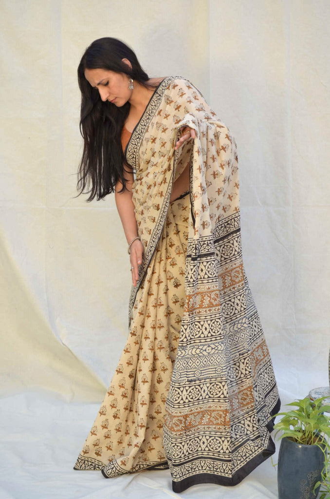 Bagru Print Beige Brown Cotton Saree gray and green store 
