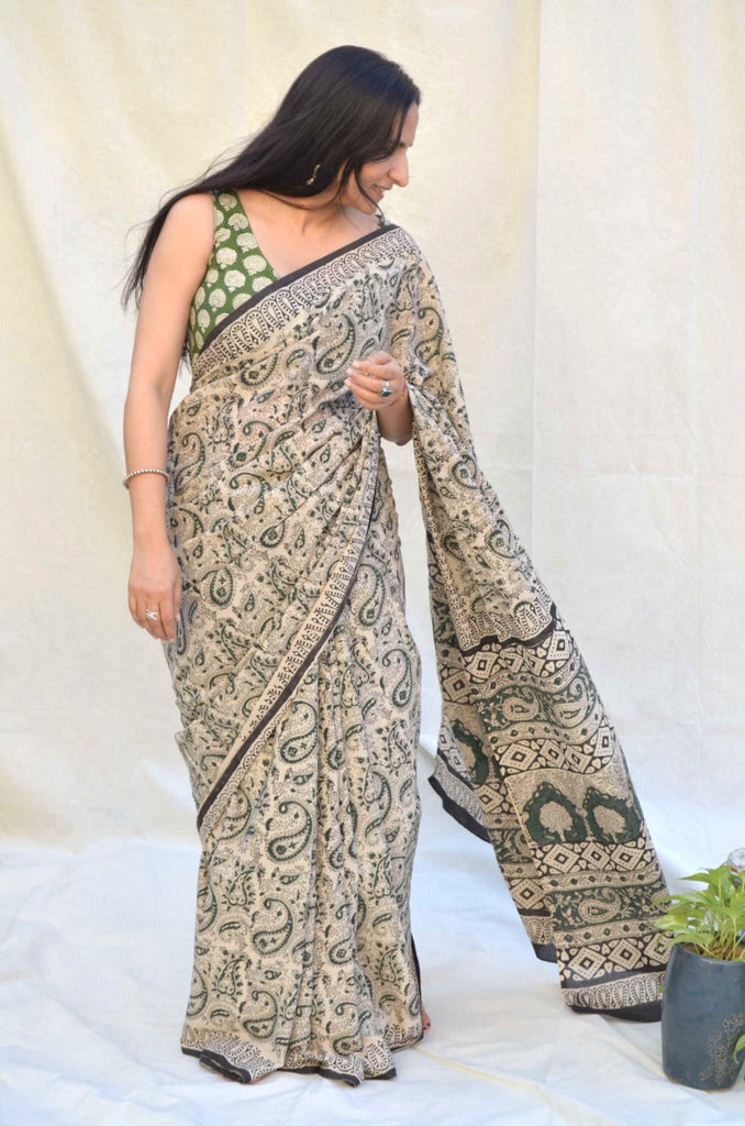 Bagru Print Green Black Cotton Saree gray and green store
