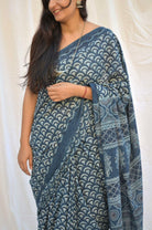 Indigo Cotton Shell Print Saree gray and green store