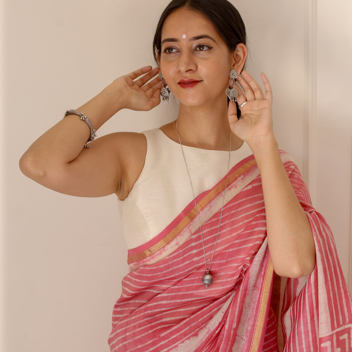 Dabu Pink River Chanderi Saree – Gray and Green Store