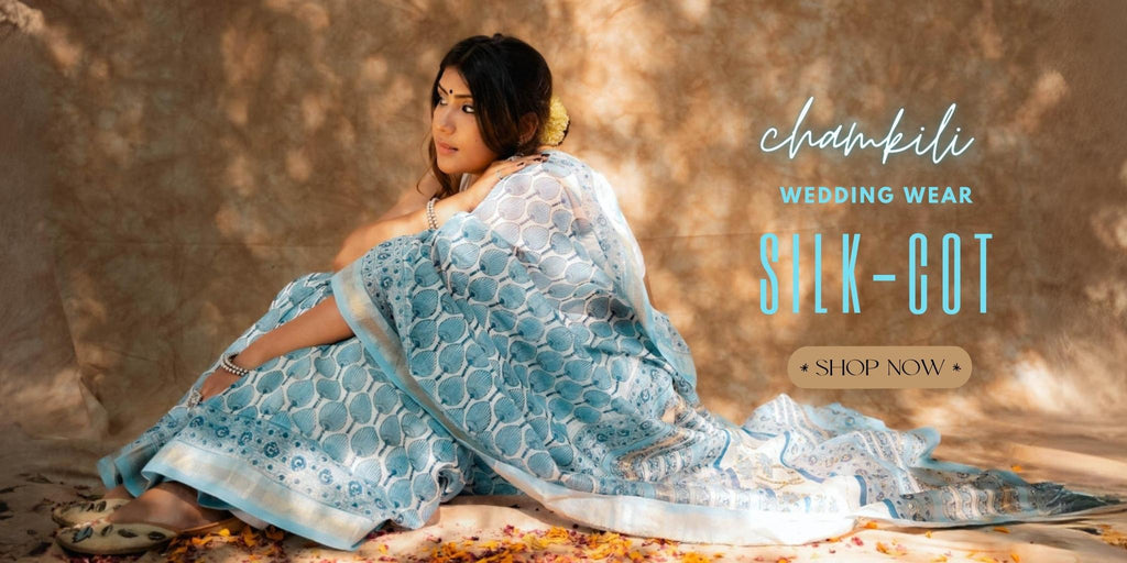 gray and green chanderi maheshwari saree wedding wear blockprinted and embroidery