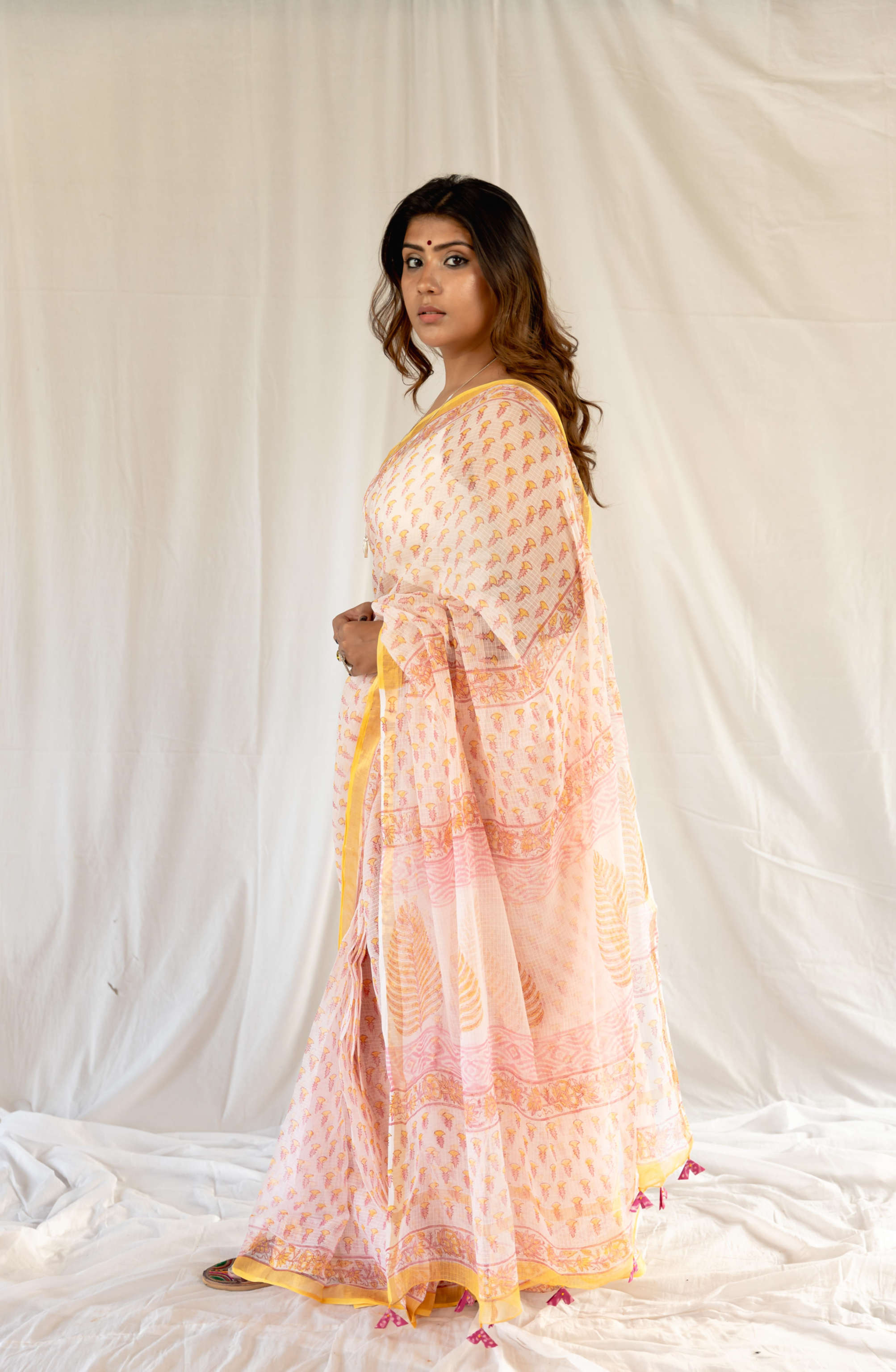 Hans - Yellow Pink Kota Doriya saree gray and green store