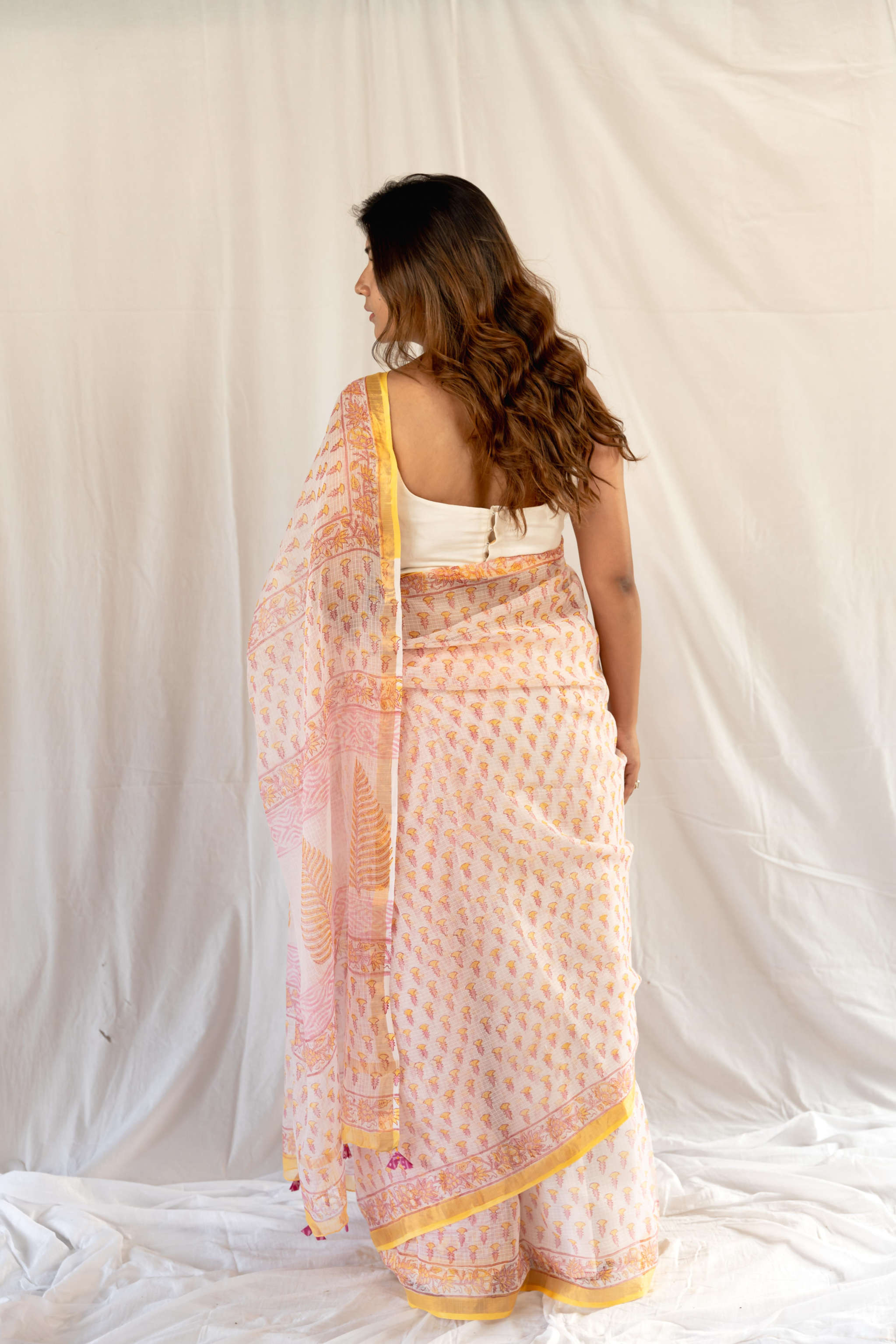 Hans - Yellow Pink Kota Doriya saree gray and green store