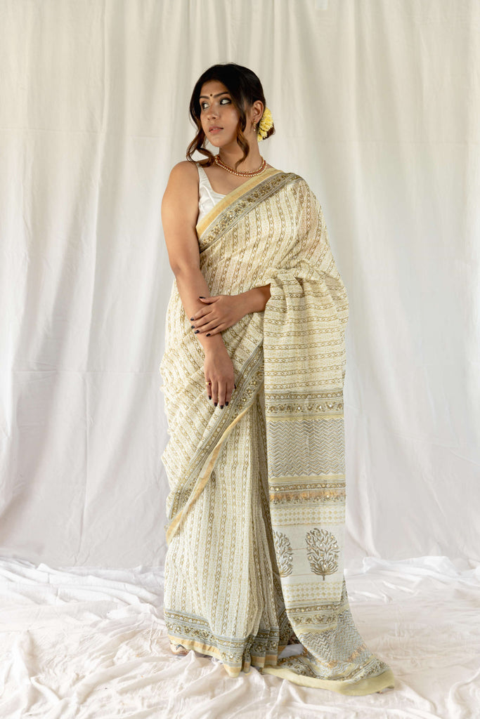 White Green Blockprint Embroidered Saree / gray and green store 