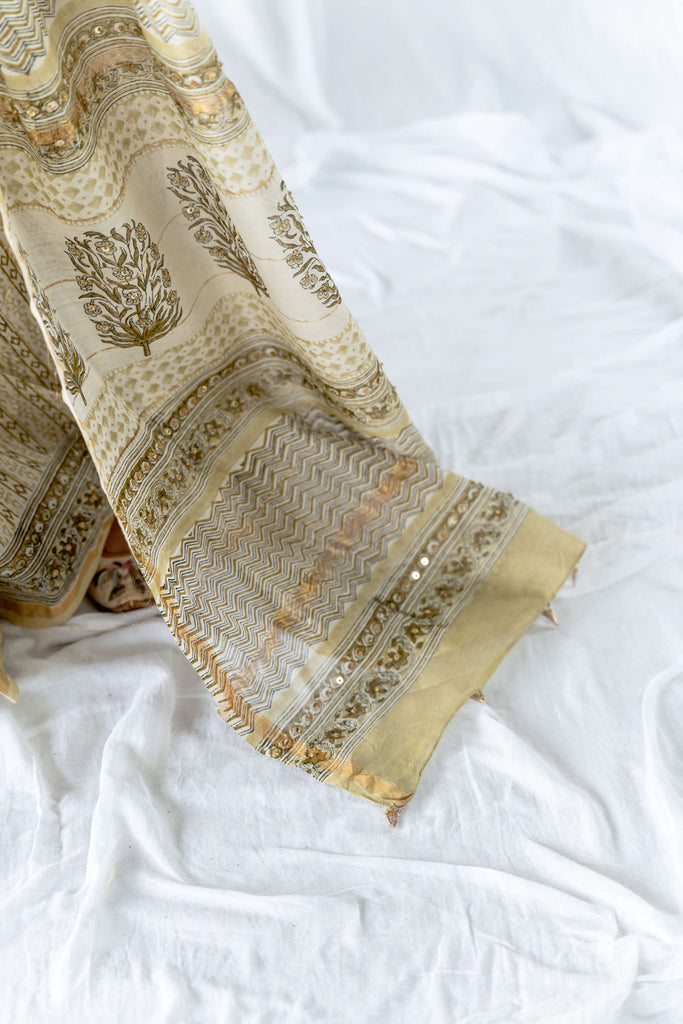 White Green Blockprint Embroidered Saree / gray and green store 
