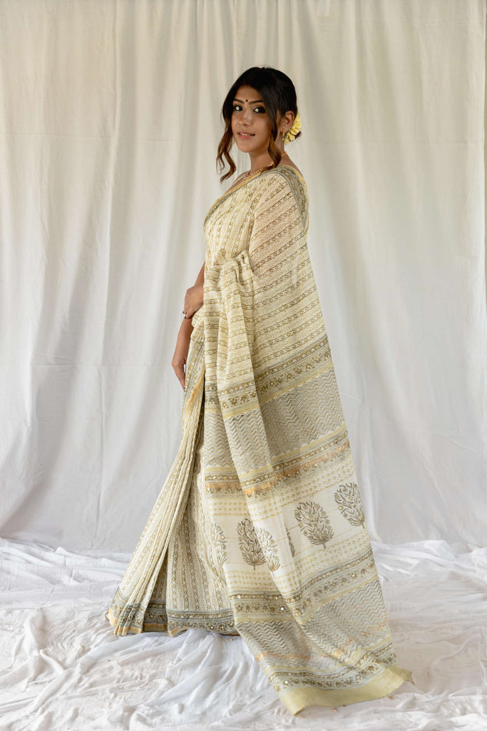 White Green Blockprint Embroidered Saree / gray and green store 