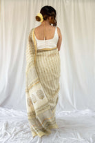 White Green Blockprint Embroidered Saree / gray and green store 