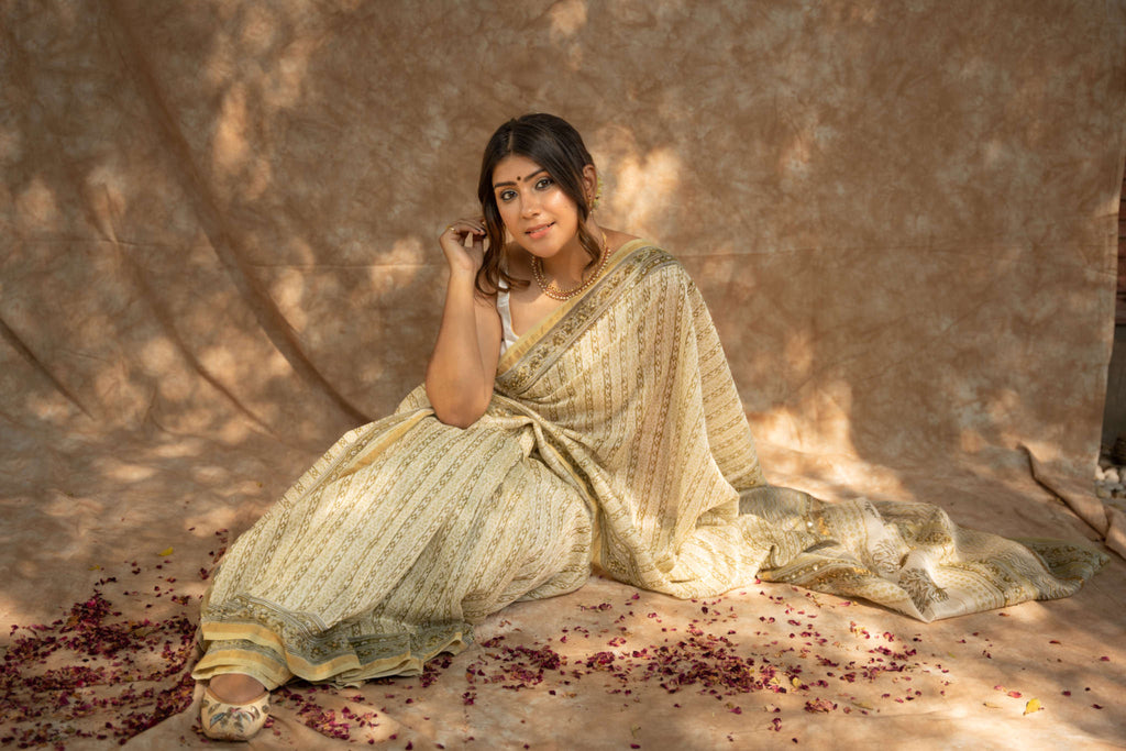 White Green Blockprint Embroidered Saree / gray and green store 