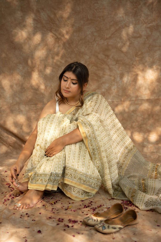 White Green Blockprint Embroidered Saree / gray and green store 