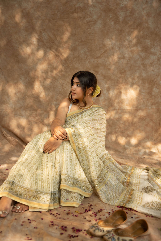White Green Blockprint Embroidered Saree / gray and green store 
